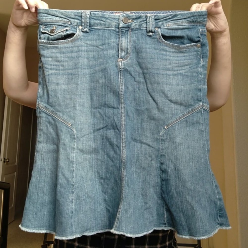Vintage 90s Y2K Paige Pico Denim Flared Ruffle Midi Skirt Size 31